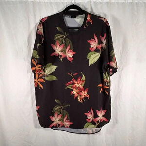 asos Blouse Women's Large Black Floral Short Sleeve Crew Neck Pullover
